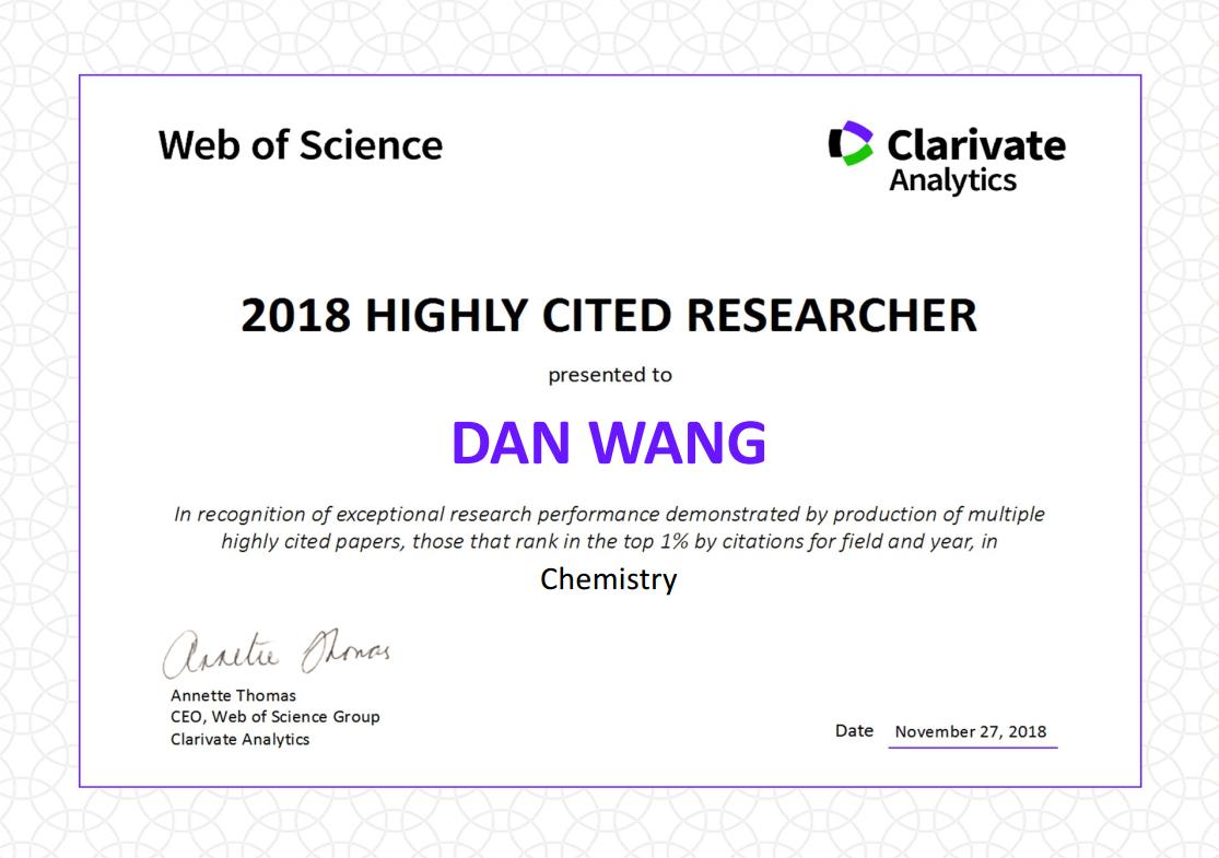 Prof. Dan Wang: Highly Cited Researchers (Clarivate) of 2018