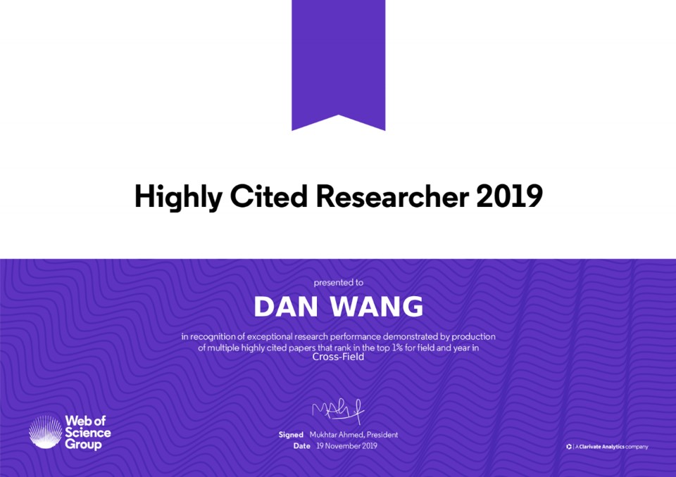 Prof. Dan Wang: Highly Cited Researchers (Clarivate) of 2019
